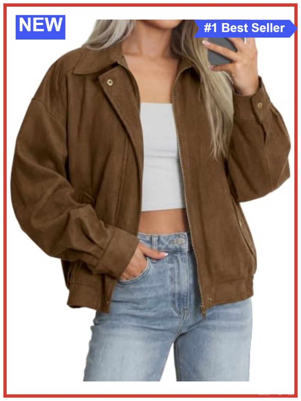 Faux Suede Bomber Jacket Oversized Long Sleeve Zip Up Women's Coat